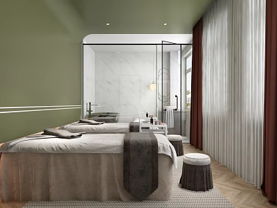 Serene SPA Interior Design Featuring Green Walls White Marble Massage Beds Towels And Stools 3d model
