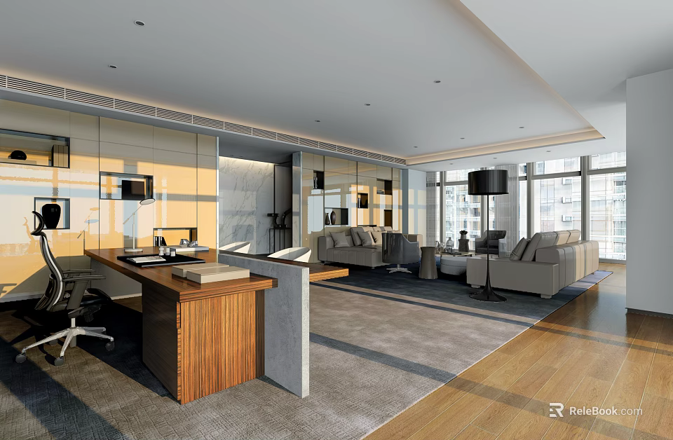 Modern Office Interior Design With Wooden Desk Sofa Large Windows And Area Rug 3d model 