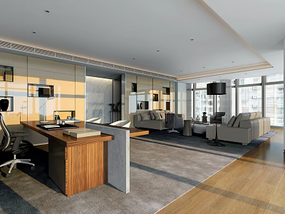 Modern Office Interior Design With Wooden Desk Sofa Large Windows And Area Rug 3d model