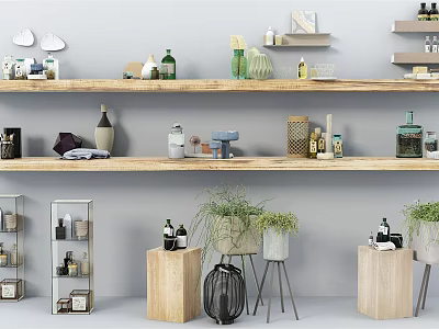 Stylish Bathroom Accessories Display With Bottles Jars Towels And Plants On Wooden Metal Shelves 3d model