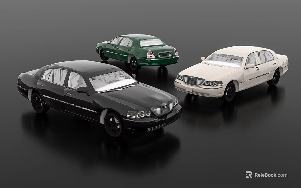 Black Green And White Sedan Car Models Displayed Together On Black Surface 3d model 