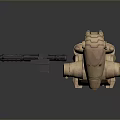Detailed Wooden Humanoid Robot With Mechanical Structure Standing Next To Gun