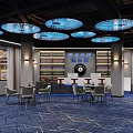 Modern Billiard Room With Multiple Pool Tables Blue Neon Lights Dark Ceiling And Blue Carpet