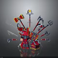 Lego Style Red Mechanical Device With Various Weapons Axes Hammers And Spears