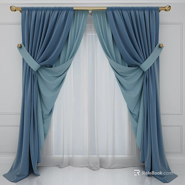 Elegant Dark Blue And Light Blue Velvet Curtains With Tied Back And White Wall Background 3d model 
