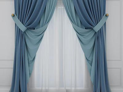 Elegant Dark Blue And Light Blue Velvet Curtains With Tied Back And White Wall Background 3d model