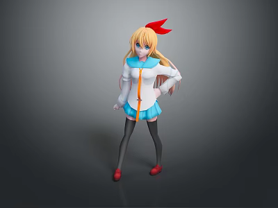 Cute Game Anime Character With Blonde Hair Red Bow And Blue White Uniform 3d model