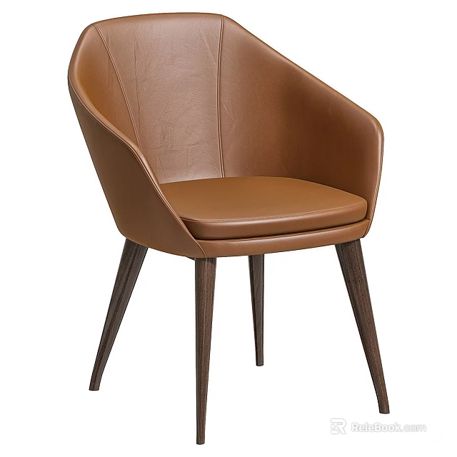 Brown Leather Single Chair With Armrest And Dark Wooden Modern Minimalist Design 3d model 