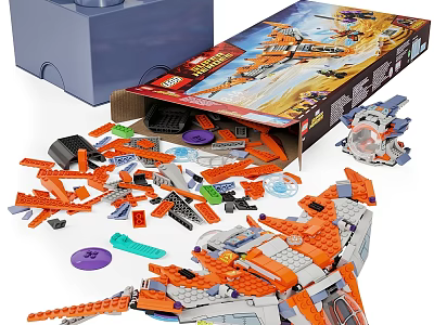 Lego Toy Doll Construction Set with Scattered Bricks Open Box and Partially Built Orange Model 3d model