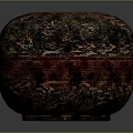 Antique Carved Round Lacquer Box With Red Brown And Gold Patterns
