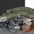 Modern Green Curved Sofa and Round Coffee Table Set with Colorful Rug and Accent Chairs