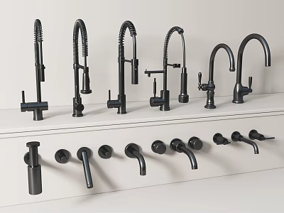 Modern Black Faucets in Various Styles Displayed on White Shelf 3d model