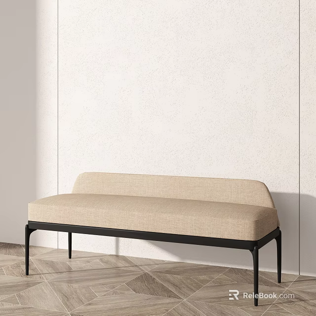 Beige Upholstered Bench With Black Metal Legs In Light Wall Wooden Floor Space 3d model 