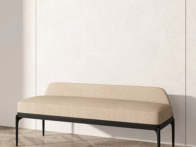 Beige Upholstered Bench With Black Metal Legs In Light Wall Wooden Floor Space 3d model