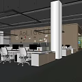 Modern Public Office Space Interior With Desks Chairs Computers Hanging Lights And Green Carpet