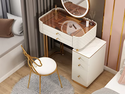 Modern Vanity Table with Gold Accents Marble Top Round Mirror Drawers and White Stool 3d model