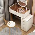 Modern Vanity Table with Gold Accents Marble Top Round Mirror Drawers and White Stool