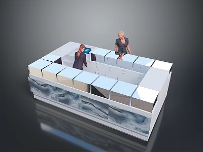 Modern Building Model With Block Structure And Water Pattern Base Featuring Two People 3d model