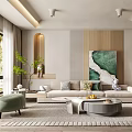 Modern Living Room Interior With Beige Sofa Green Decorative Painting Rugs And Elegant Chairs