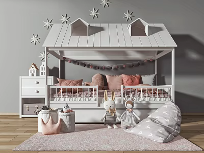 White House Shaped Kids Bed With Star Decorations Pink Cushions And Stuffed Toys 3d model