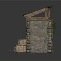 Rustic Stone Wood Shed Building With Black Roof Hay Bales And Red Cart