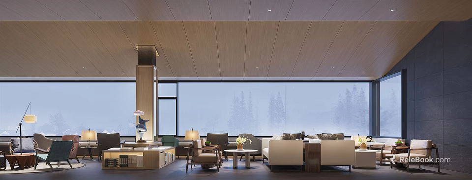 Modern Hotel Lobby Interior With Wooden Ceiling Large Windows And Snow Mountain Views 3d model 