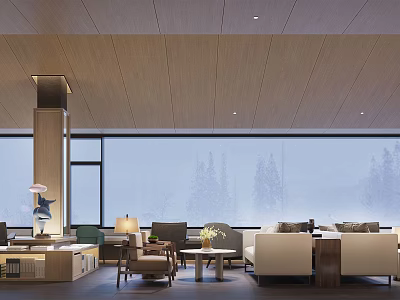 Modern Hotel Lobby Interior With Wooden Ceiling Large Windows And Snow Mountain Views 3d model