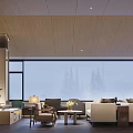 Modern Hotel Lobby Interior With Wooden Ceiling Large Windows And Snow Mountain Views