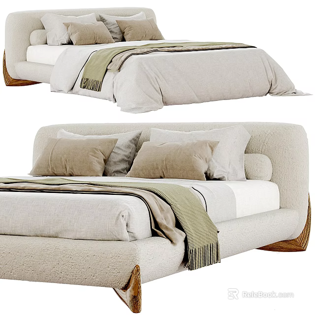 Modern Double Bed With Cozy Neutral Tones Bedding Soft Pillows And Striped Blanket 3d model 