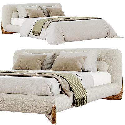 Modern Double Bed With Cozy Neutral Tones Bedding Soft Pillows And Striped Blanket 3d model