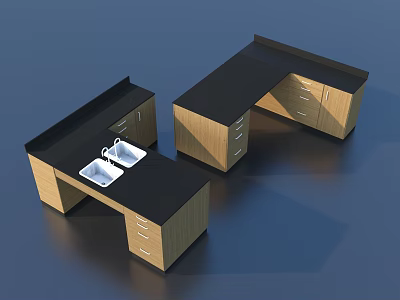 Modern Office Desks With Black Top And Wooden Cabinet Drawers Design 3d model