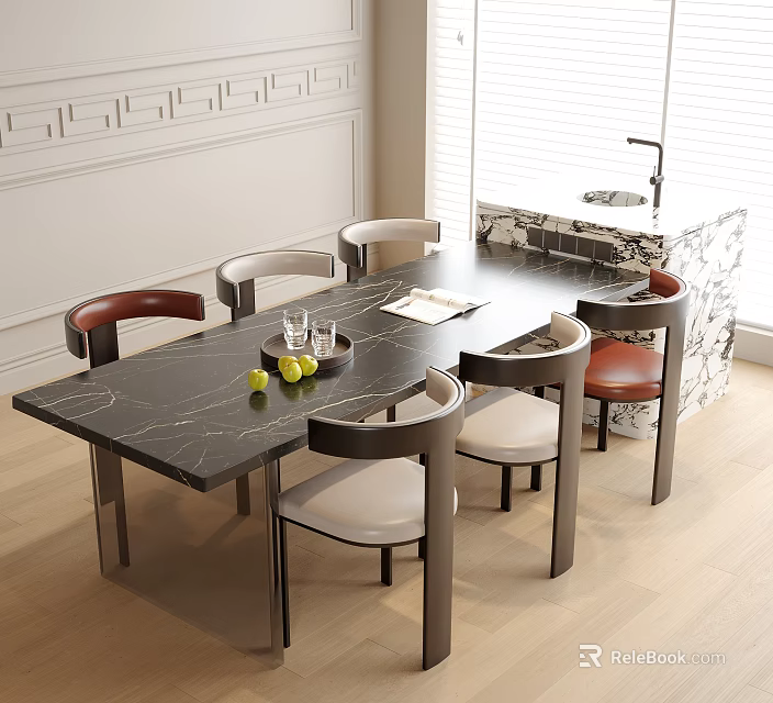 Modern Dining Table and Chairs with Black Marble Top and Colorful Armrests in Bright Interior 3d model 