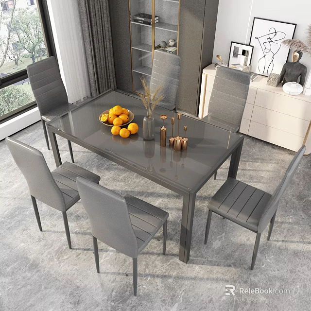 Modern Restaurant Dining Space With Grey Table Oranges Vase Candles And Grey Chairs 3d model 