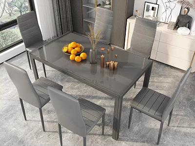 Modern Restaurant Dining Space With Grey Table Oranges Vase Candles And Grey Chairs 3d model