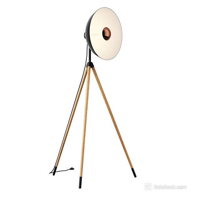 Modern Tripod Floor Lamp with Wooden Stand and Round Lampshade 3d model 
