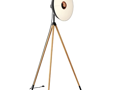 Modern Tripod Floor Lamp with Wooden Stand and Round Lampshade 3d model