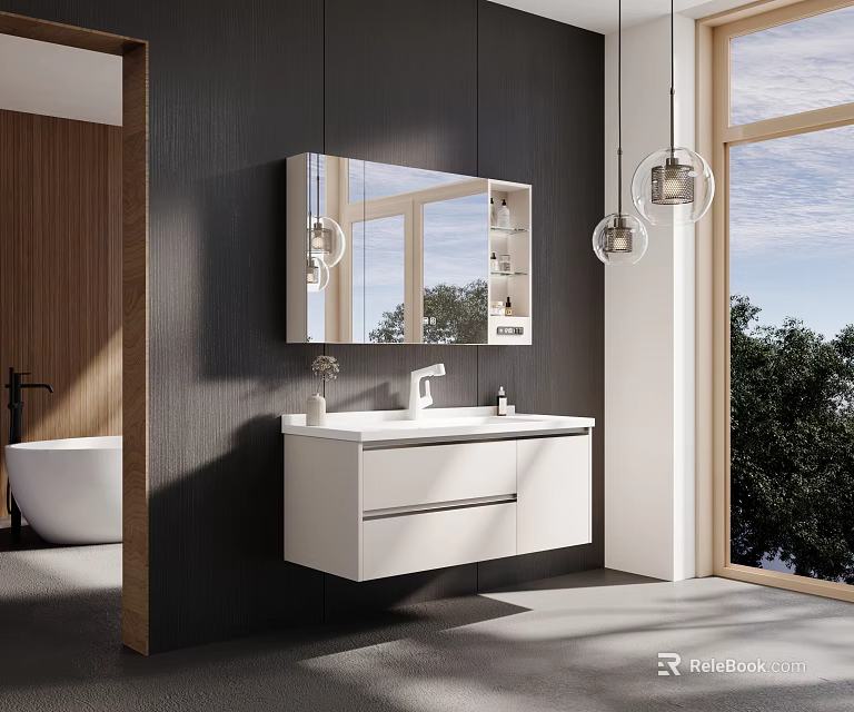 Modern Wall Mounted White Vanity with Mirror Hanging Lights Wooden Elements by Large Window 3d model 
