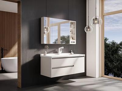 Modern Wall Mounted White Vanity with Mirror Hanging Lights Wooden Elements by Large Window 3d model