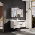 Modern Wall Mounted White Vanity with Mirror Hanging Lights Wooden Elements by Large Window 3d model