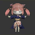 Cartoon Woman With Pink Hair Pigtails In Blue Kimono With Floral Patterns