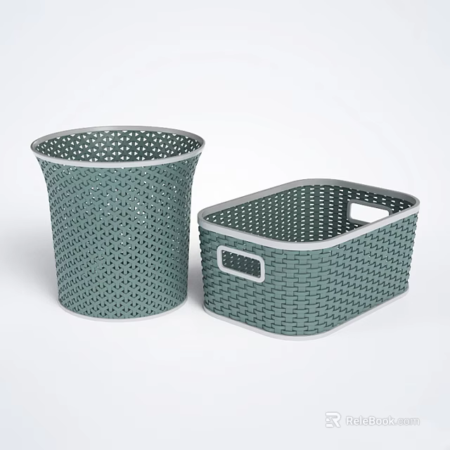 Green Perforated Laundry Storage Baskets Round And Square With Gray Edges 3d model 