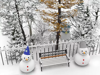 Winter Plant Combination With Snow Covered Trees Yellow Foliage Bench Snowmen And White Fence 3d model