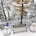 Winter Plant Combination With Snow Covered Trees Yellow Foliage Bench Snowmen And White Fence