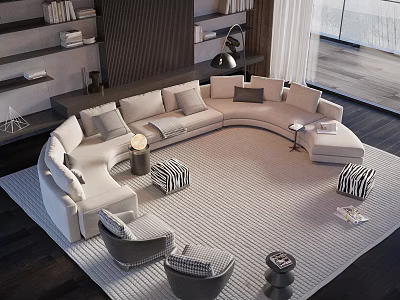 Modern Curved Sofa Set In Living Room With Side Tables 3d model