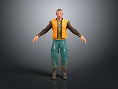 Man with Yellow Vest Dark Long Sleeves Green Pants Brown Boots Standing in Gray Background 3d model