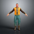 Man with Yellow Vest Dark Long Sleeves Green Pants Brown Boots Standing in Gray Background