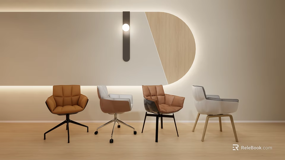 Stylish Office Chairs With Various Styles Brown White Upholstery Metal Wooden Legs Modern Office 3d model 