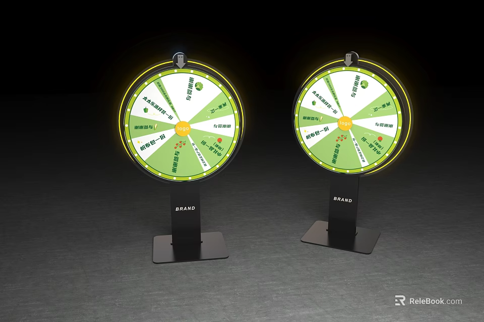 Two PPA23 Round Spinning Wheels With Green Sections And Black Stands 3d model 