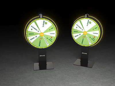 Two PPA23 Round Spinning Wheels With Green Sections And Black Stands 3d model