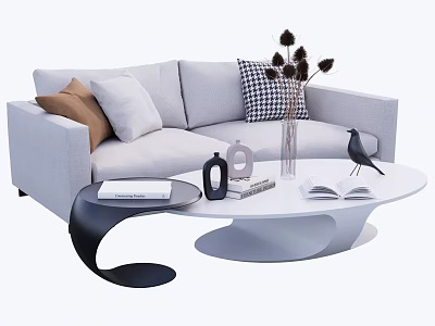 Gray Sofa and White Oval Coffee Table Set with Decorative Pillows Dried Flowers and Open Book 3d model